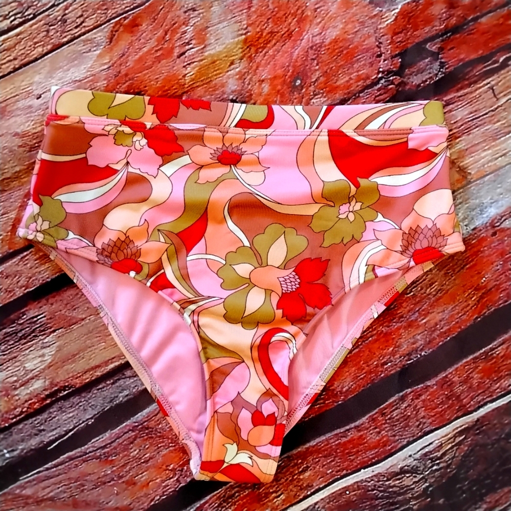 Billabong Floral High-Waist Bikini Bottom - Pink and Red